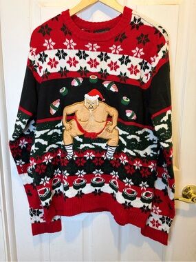 Sumo Santa with Sushi Ugly Holiday Crewneck Sweater